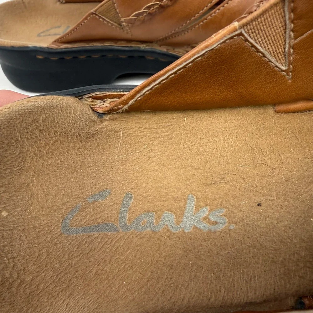 Clarks Womens Tan Brown Leather Braided Slide Sandals Size 7M Made in Brazil - Picture 11 of 13